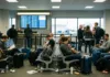 Akční letenky do New Yorku za 115 Kč | Aer Lingus Cestující čekají s zavazadly v departure gate letiště, v pozadí svítí odletní tabule a je vidět letadlo za oknem