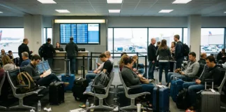 Akční letenky do New Yorku od 2 957 Kč | Aer Lingus Cestující čekají s zavazadly v departure gate letiště, v pozadí svítí odletní tabule a je vidět letadlo za oknem