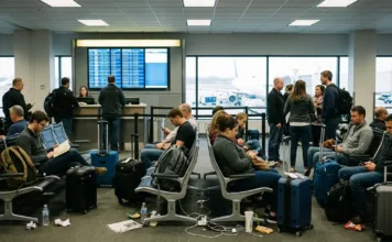 Akční letenky do New Yorku za 115 Kč | Aer Lingus Cestující čekají s zavazadly v departure gate letiště, v pozadí svítí odletní tabule a je vidět letadlo za oknem