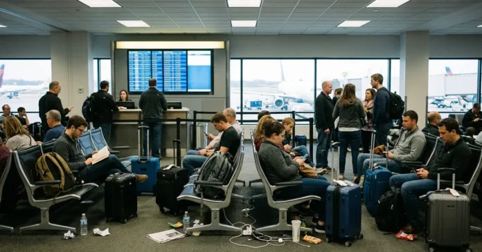 akcni-letenky-dublin-new-york-uvodni-20260822-ai1 Cestující čekají s zavazadly v departure gate letiště, v pozadí svítí odletní tabule a je vidět letadlo za oknem