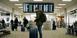Los Angeles od 12 291 Kč – akční letenky z Prahy Cestující s kufrem v letištním terminálu kontroluje letenku na telefonu, v pozadí deska s informacemi o letech