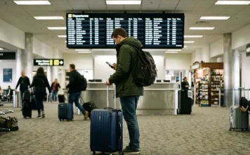 Los Angeles od 12 291 Kč – akční letenky z Prahy Cestující s kufrem v letištním terminálu kontroluje letenku na telefonu, v pozadí deska s informacemi o letech