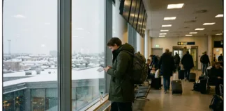 Miami za 7 120 Kč: akce Icelandair ze Stockholmu Cestovatel s batôhem na letiši Stockholmu Arlanda v zimě, za oknem sníh, palubní lístek