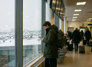 Miami za 7 120 Kč: akce Icelandair ze Stockholmu Cestovatel s batôhem na letiši Stockholmu Arlanda v zimě, za oknem sníh, palubní lístek