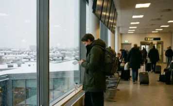 Miami za 7 120 Kč: akce Icelandair ze Stockholmu Cestovatel s batôhem na letiši Stockholmu Arlanda v zimě, za oknem sníh, palubní lístek