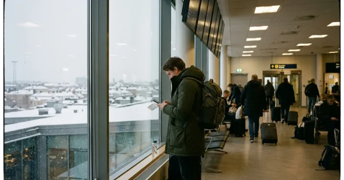 Cestovatel s batôhem na letiši Stockholmu Arlanda v zimě, za oknem sníh, palubní lístek